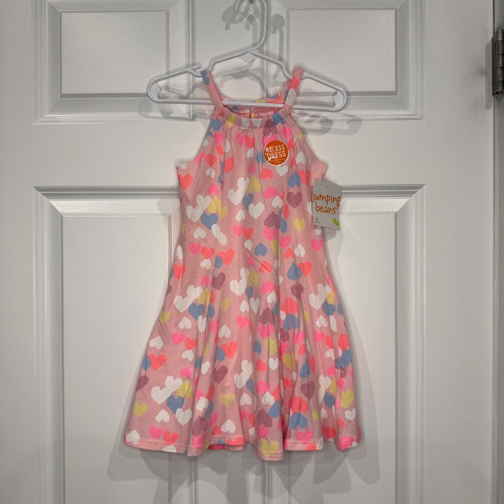 Jumping Beans Girls Recess Dress Pink Heart Print Halter Neck Size 4 NWT